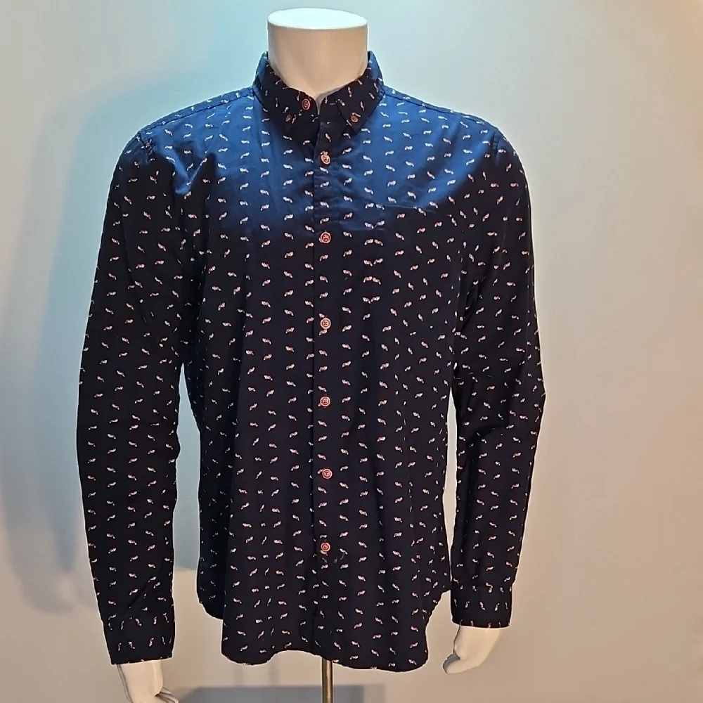 Denim & Flower Navy Blue Fox Print Slim Fit Button Down Shirt